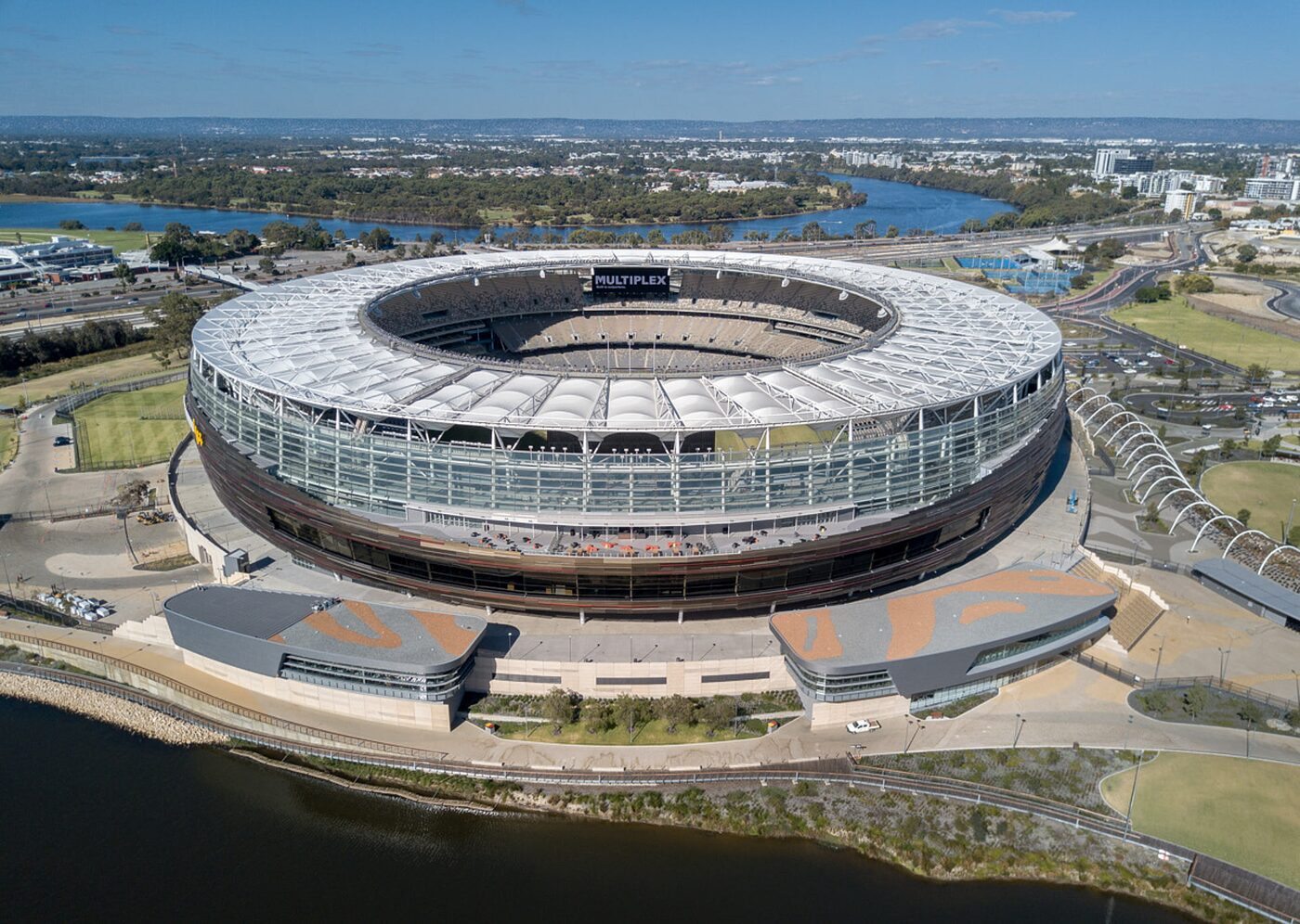 Aerial view of Optus Stadium beside the Swan River, Perth