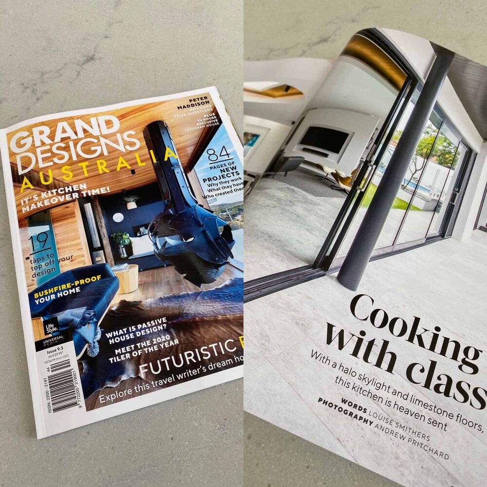 Grand Designs Australia magazine open at a kitchen feature photographed by Andrew Pritchard